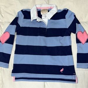 The Beaufort Bonnet Co blue striped polo shirt with heart patches on elbows